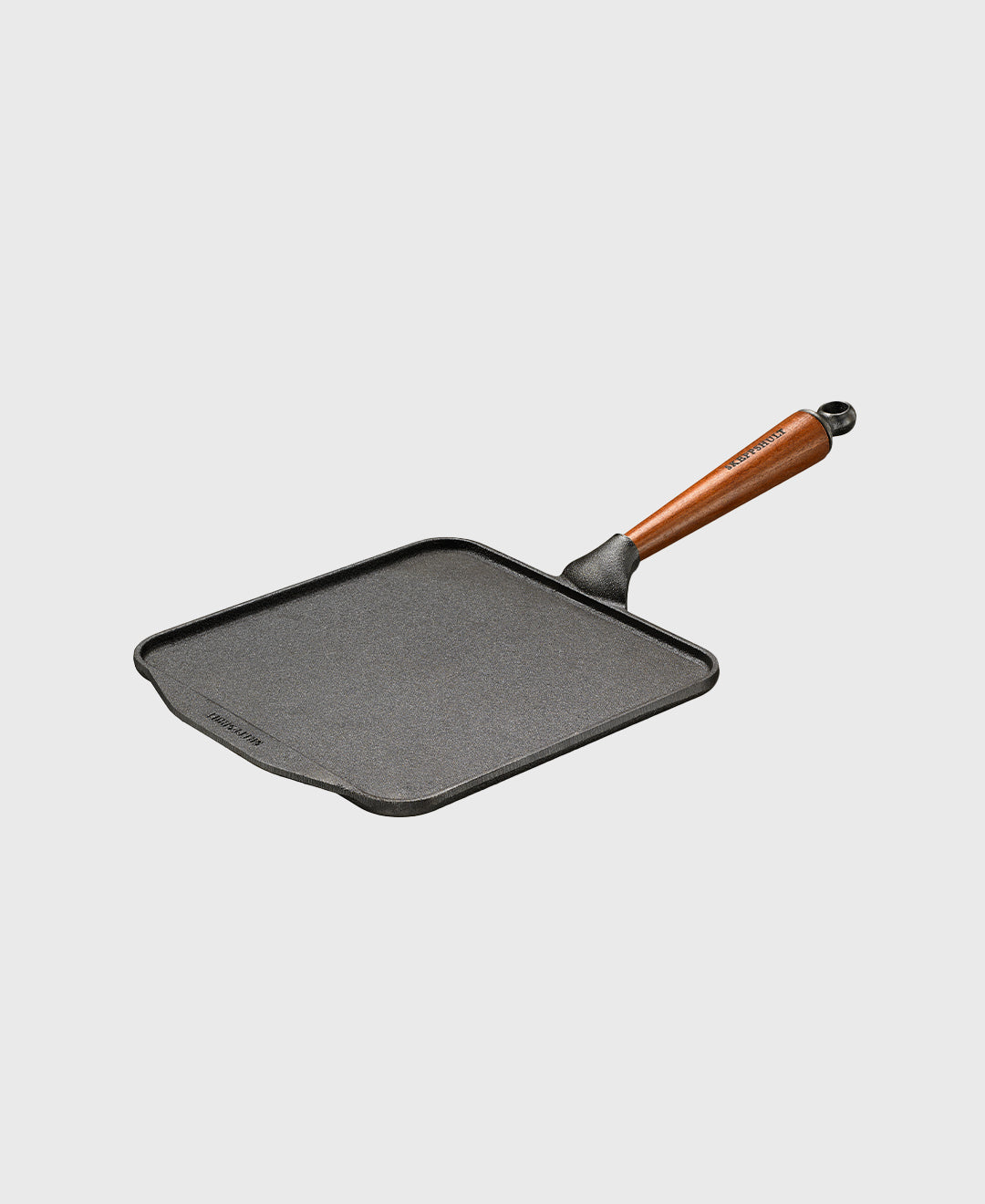 Black cast iron pancake pan square with beechwood handle