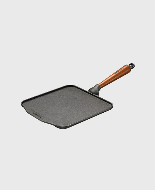 Black cast iron pancake pan square with beechwood handle