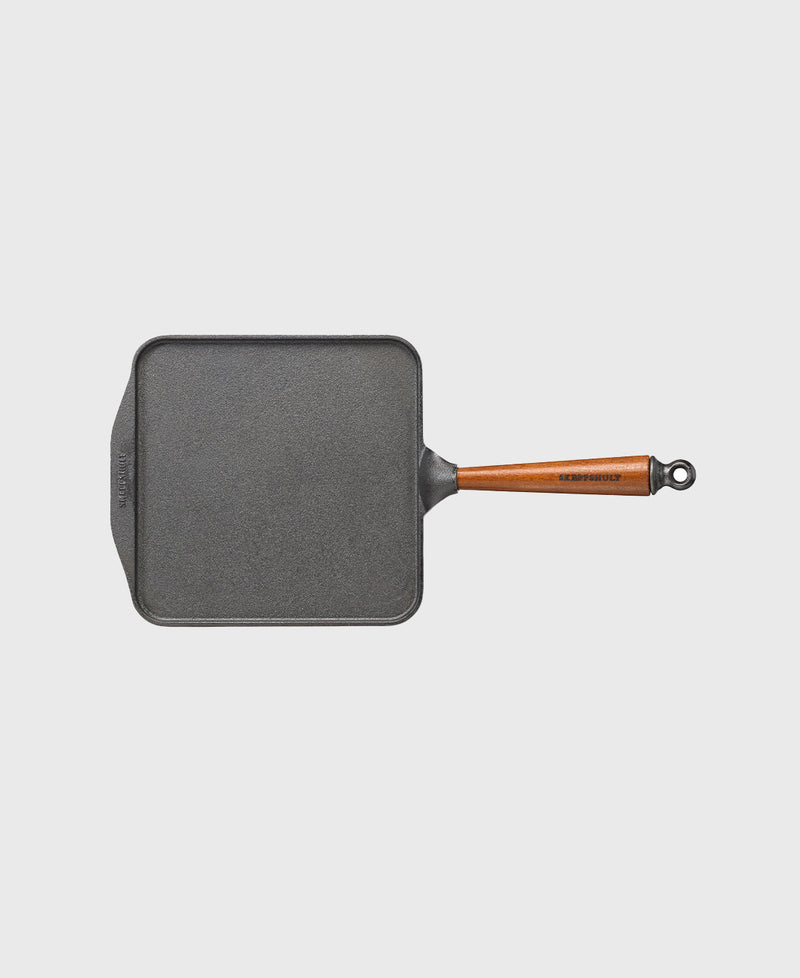 Black cast iron pancake pan square with beechwood handle
