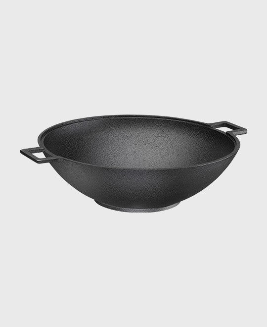 Black cast iron wok pan 34 cm round with cast iron lid and anodised aluminium knob