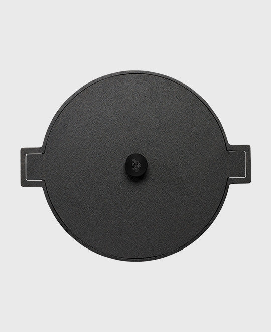 Black cast iron wok pan 34 cm round with cast iron lid and anodised aluminium knob