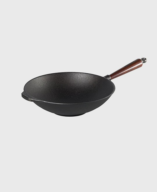 Black cast iron wok pan round 30 cm with beechwood handle