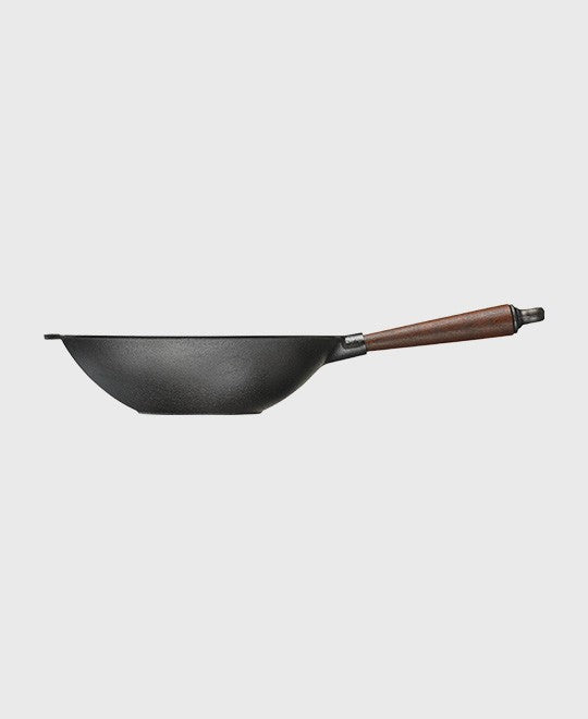 Black cast iron wok pan round 30 cm with beechwood handle
