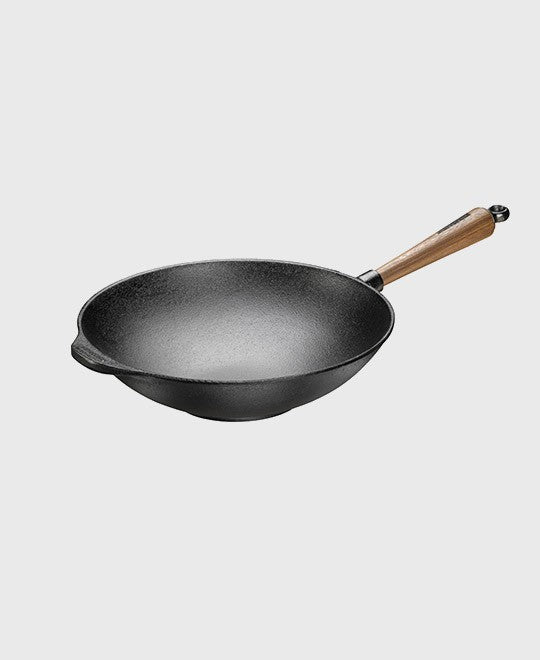 Black cast iron wok pan round 30 cm with walnut wood handle
