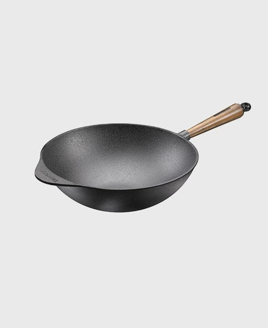 Black cast iron wok pan round 32 cm with walnut wood handle