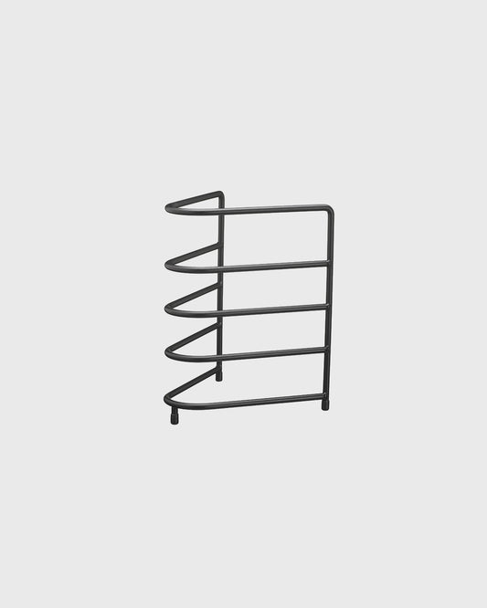 Black stainless steel frying pan rack for 4 pans.